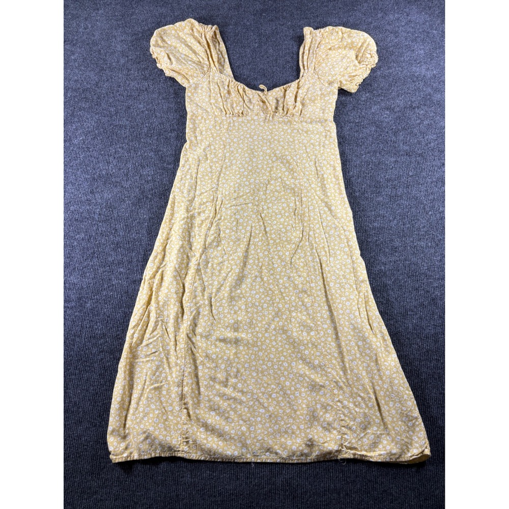 Billabong Yellow Floral Puff Sleeve Smocked Back Midi‎ Dress Womens Size S